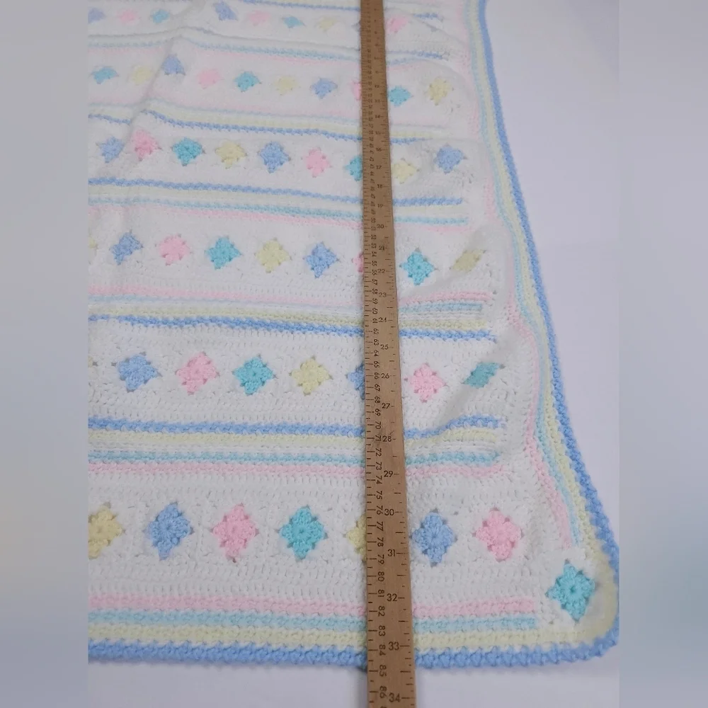 Handmade White And Pastel Pink Blue Yellow 30x33 Inch Crib Baby Blanket